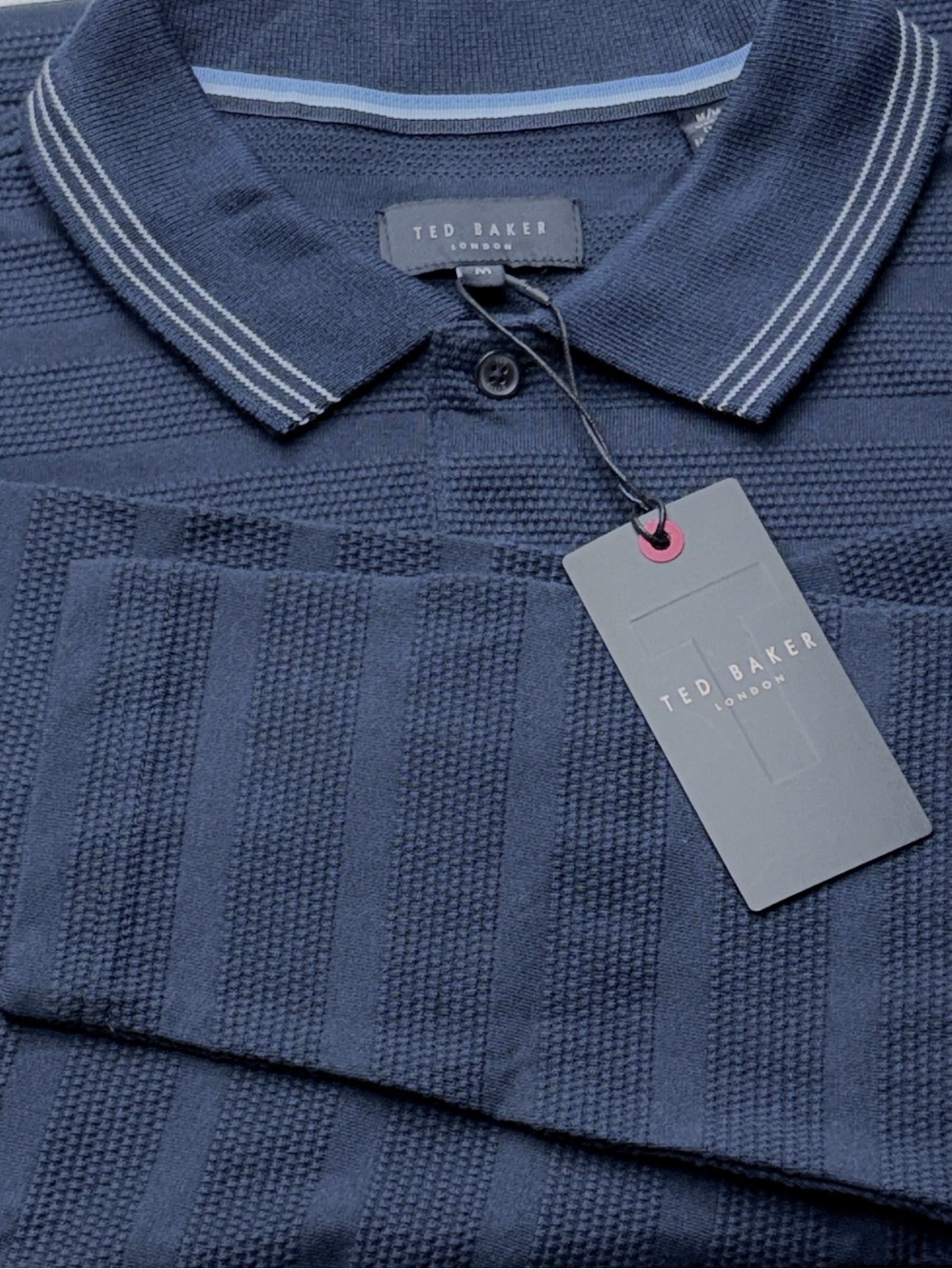 Ted Baker LS Golf Polo Men’s M Navy Sky Captain Popcorn Stripe NWT $165